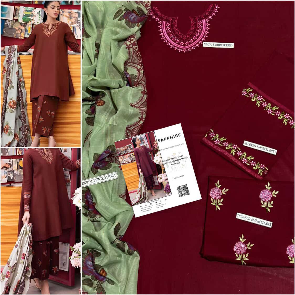 SAPPHIRE 3PC Embroidered Front With Digital printed Shawl (UNSTICHED)