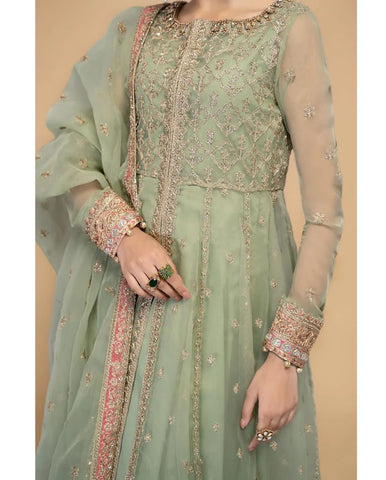 "Maria B Unstitched 3-Piece Suit – Product Code 273: Embroidered Sequins Organza Frock with Matching Sharara and Silk Trouser"