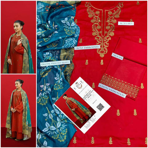 URGE 3PC Embroidered Front With Digital printed Shawl (UNSTICHED)