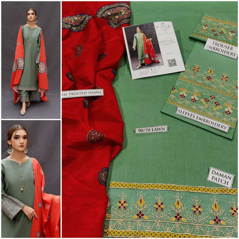 URGE 3PC Embroidered Front With Digital printed Shawl (UNSTICHED)