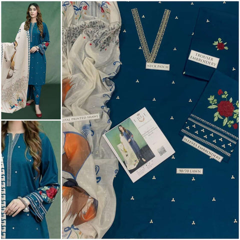 URGE 3PC Embroidered Front With Digital printed Shawl (UNSTICHED)