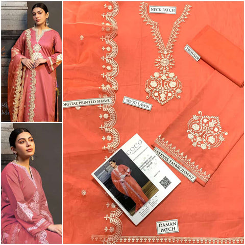 COCO 3PC Embroidered Front With Digital printed Shawl (UNSTICHED)