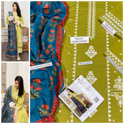 URGE 3PC Embroidered Front With Digital printed Shawl (UNSTICHED)