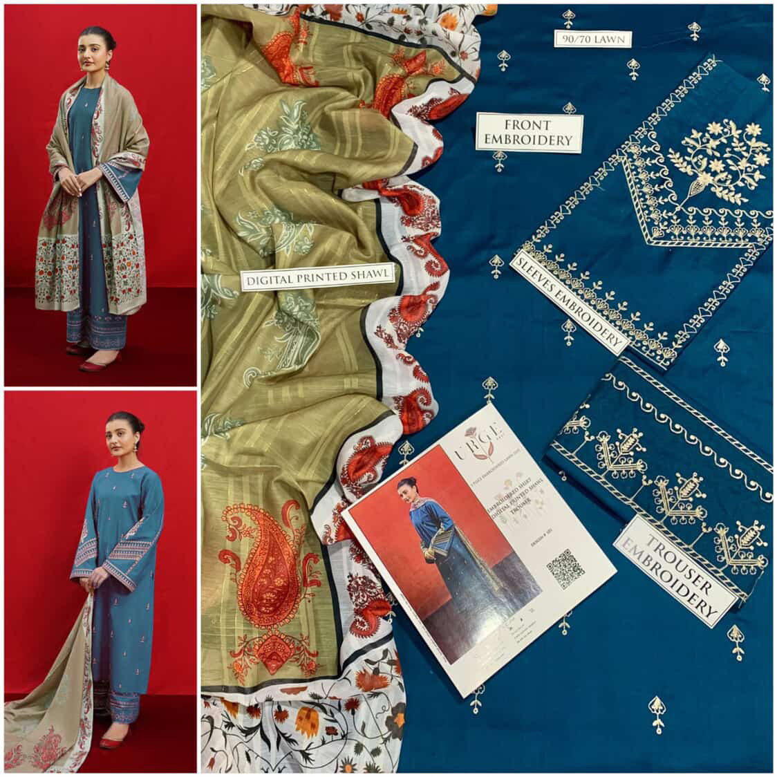 URGE 3PC Embroidered Front With Digital printed Shawl (UNSTICHED)