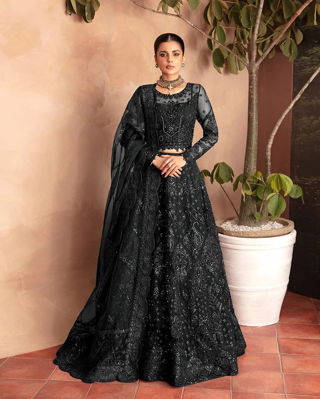 "Gulaal Unstitched 3-Piece Suit: Embroidered Sequins Net Lehenga with Ada-Work and Raw Silk Trouser"