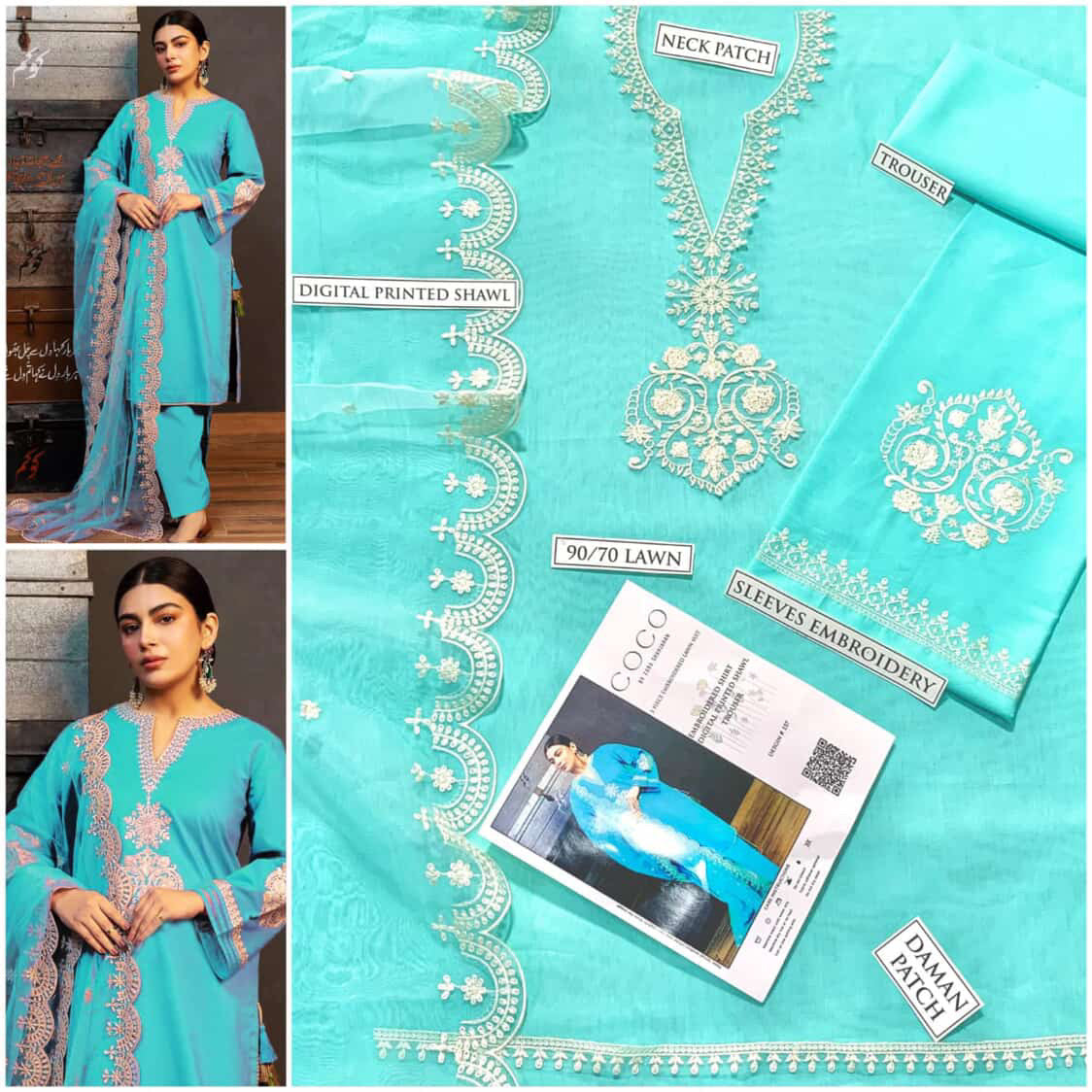 COCO 3PC Embroidered Front With Digital printed Shawl (UNSTICHED)