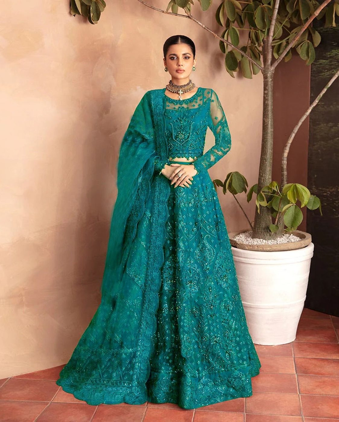 "Gulaal Unstitched 3-Piece Suit: Embroidered Sequins Net Lehenga with Ada-Work and Raw Silk Trouser"