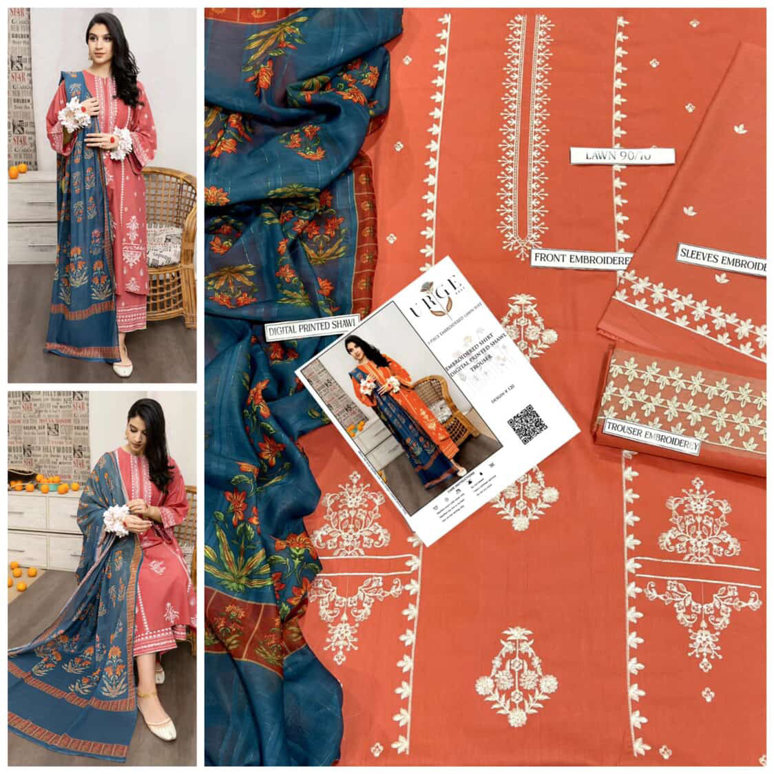 URGE 3PC Embroidered Front With Digital printed Shawl (UNSTICHED)