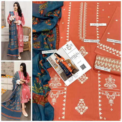 URGE 3PC Embroidered Front With Digital printed Shawl (UNSTICHED)