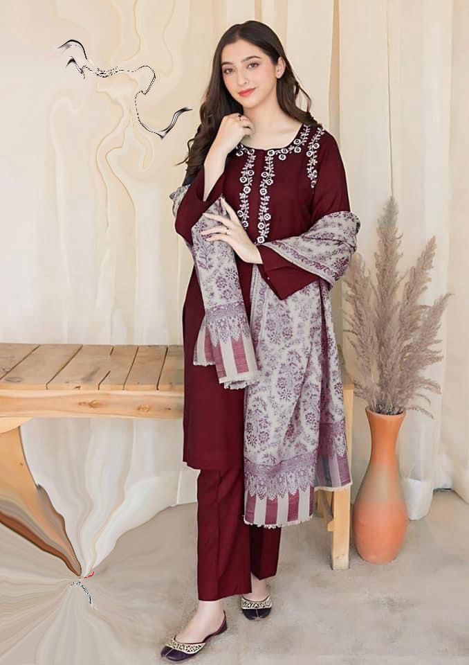 ASLING 3PC Embroidered Front With Digital printed Shawl (UNSTICHED)