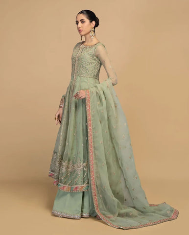 "Maria B Unstitched 3-Piece Suit – Product Code 273: Embroidered Sequins Organza Frock with Matching Sharara and Silk Trouser"