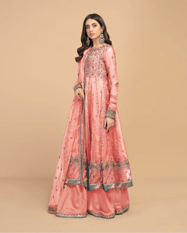 "Maria B Unstitched 3-Piece Suit – Product Code 273: Embroidered Sequins Organza Frock with Matching Sharara and Silk Trouser"