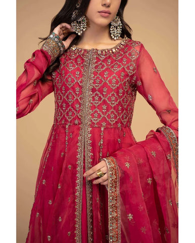 "Maria B Unstitched 3-Piece Suit – Product Code 273: Embroidered Sequins Organza Frock with Matching Sharara and Silk Trouser"