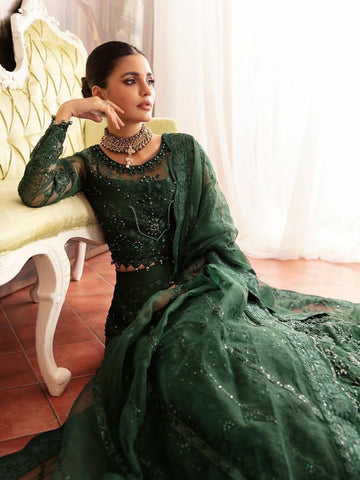 "Gulaal Unstitched 3-Piece Suit: Embroidered Sequins Net Lehenga with Ada-Work and Raw Silk Trouser"