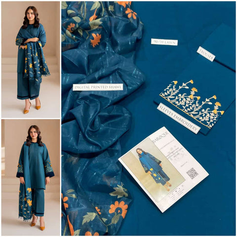BAROQUE 3PC Embroidered Front With Digital printed Shawl (UNSTICHED)