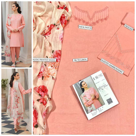 ASLING 3PC Embroidered Front With Digital printed Shawl (UNSTICHED)