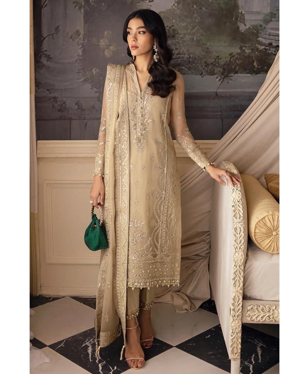 "Wedding and Party Wear Collection: Code 262 – Embroidered & Sequinned Chiffon Suit with Organza Accents and Raw Silk Trouser"