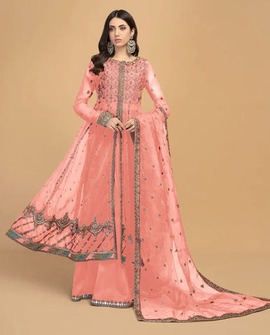 "Maria B Unstitched 3-Piece Suit – Product Code 273: Embroidered Sequins Organza Frock with Matching Sharara and Silk Trouser"