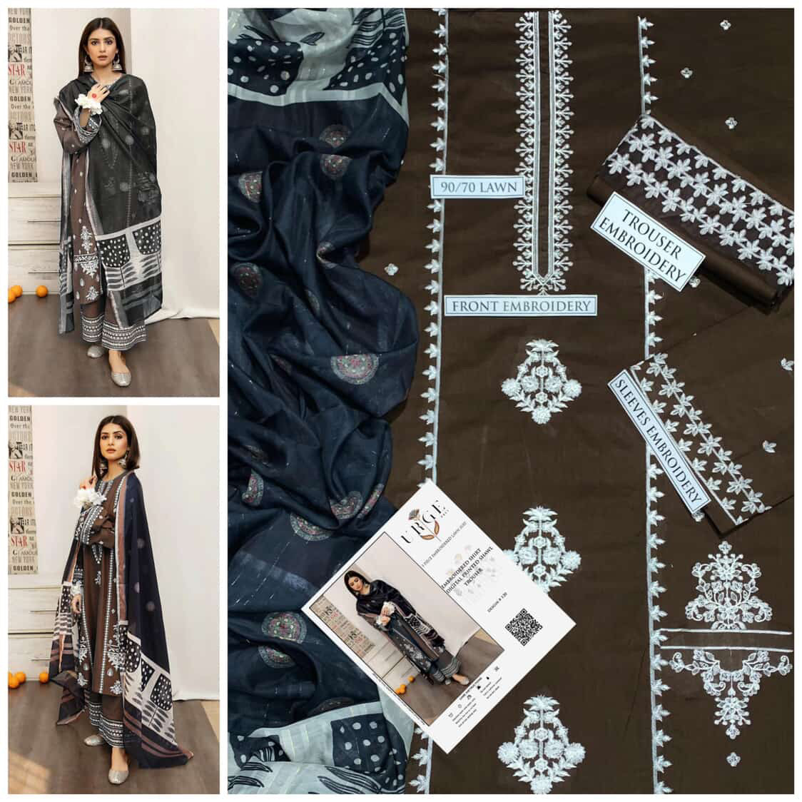 URGE 3PC Embroidered Front With Digital printed Shawl (UNSTICHED)