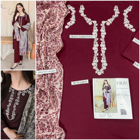 ASLING 3PC Embroidered Front With Digital printed Shawl (UNSTICHED)