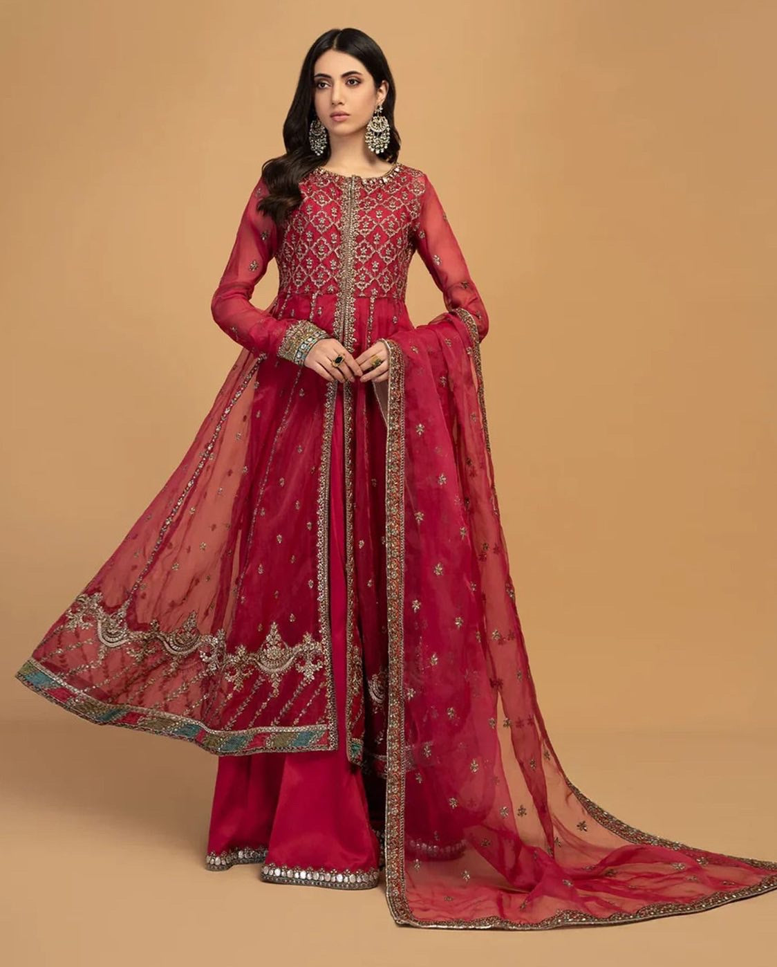 "Maria B Unstitched 3-Piece Suit – Product Code 273: Embroidered Sequins Organza Frock with Matching Sharara and Silk Trouser"