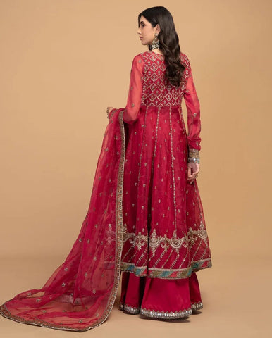 "Maria B Unstitched 3-Piece Suit – Product Code 273: Embroidered Sequins Organza Frock with Matching Sharara and Silk Trouser"