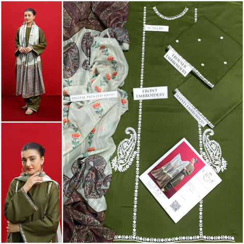URGE 3PC Embroidered Front With Digital printed Shawl (UNSTICHED)