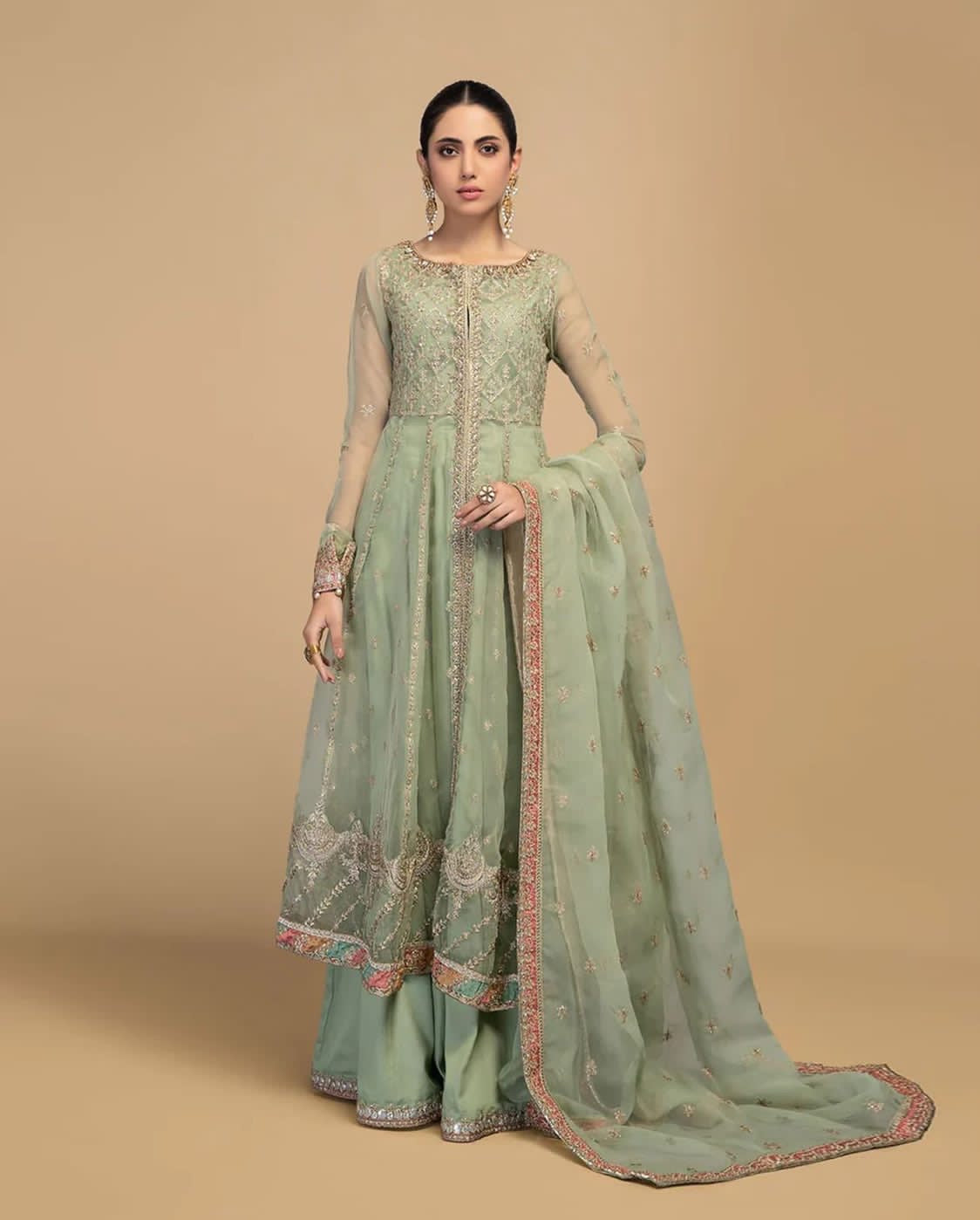 "Maria B Unstitched 3-Piece Suit – Product Code 273: Embroidered Sequins Organza Frock with Matching Sharara and Silk Trouser"