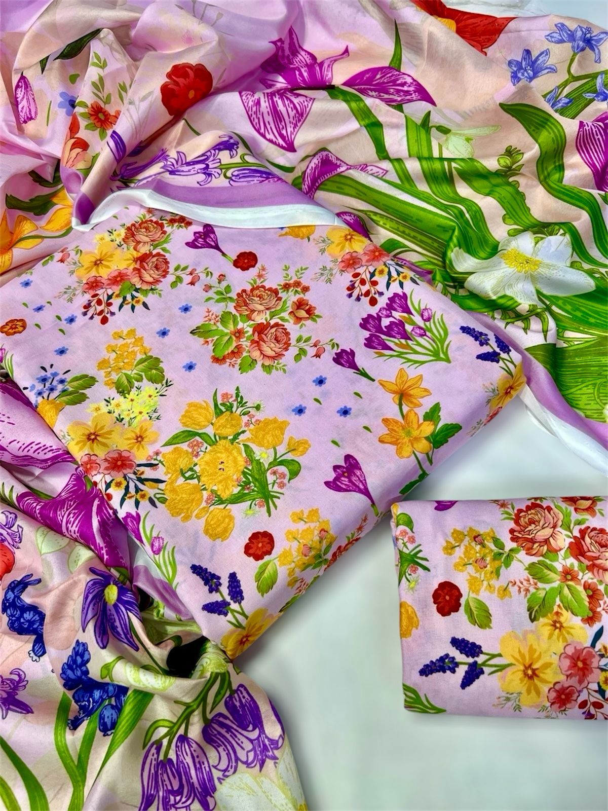 "2025 Swiss Digital Floral 3-Piece Lawn Suit with Silk Dupatta"