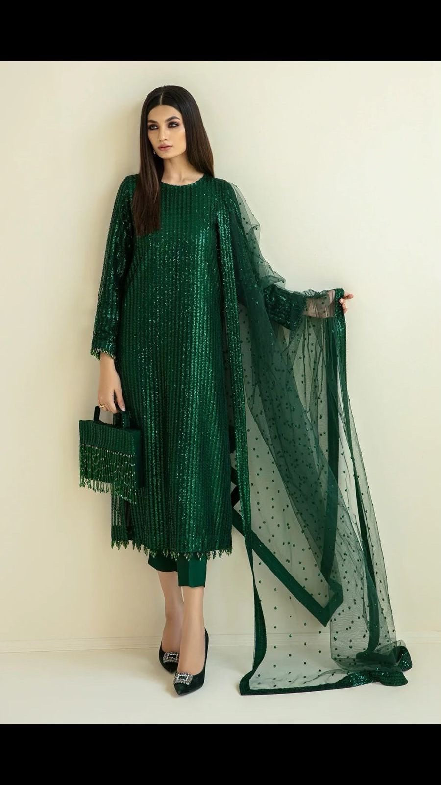 "Luxury Party Wear Collection: Heavy Sequins Embroidery 3-Piece Suit with Net Fabric and Silk Trouser"