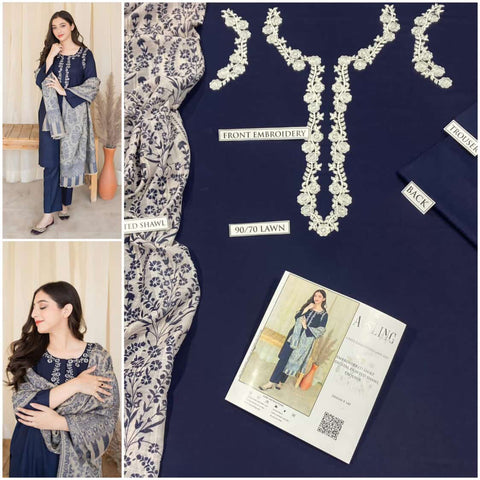 ASLING 3PC Embroidered Front With Digital printed Shawl (UNSTICHED)