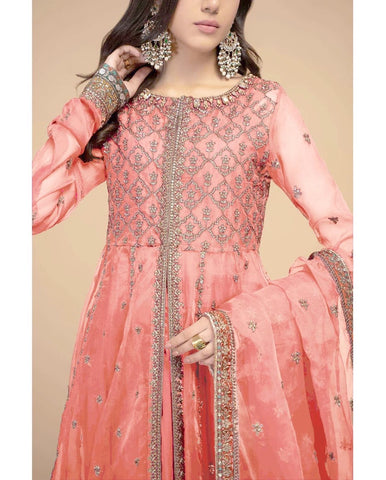 "Maria B Unstitched 3-Piece Suit – Product Code 273: Embroidered Sequins Organza Frock with Matching Sharara and Silk Trouser"