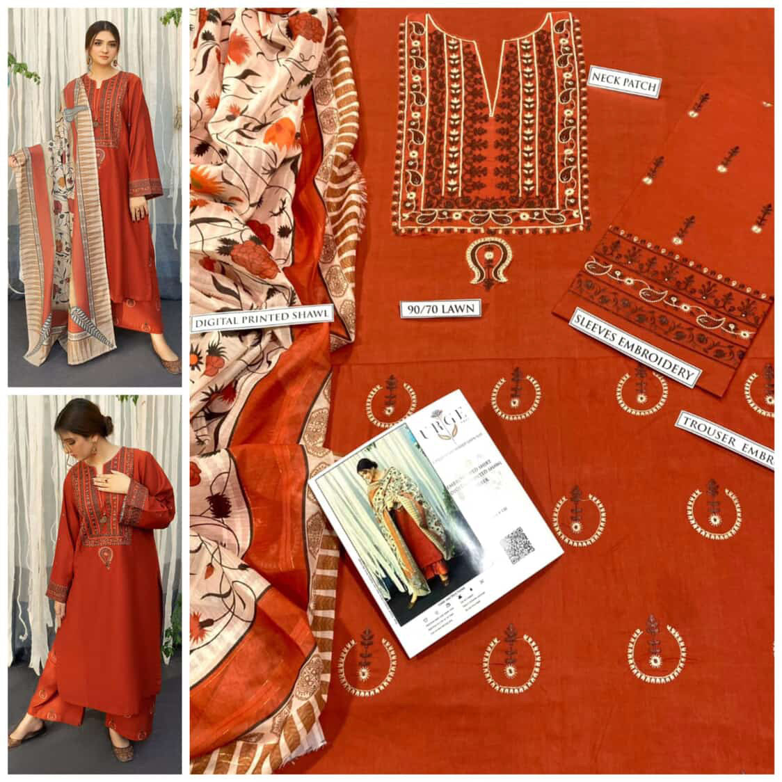 URGE 3PC Embroidered Front With Digital printed Shawl (UNSTICHED)