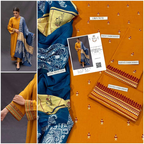 URGE 3PC Embroidered Front With Digital printed Shawl (UNSTICHED)