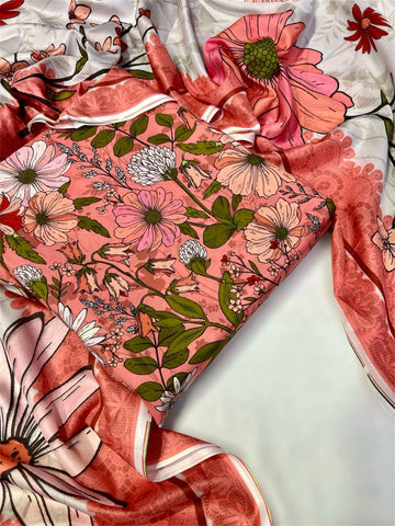 "2025 Swiss Digital Floral 3-Piece Lawn Suit with Silk Dupatta"