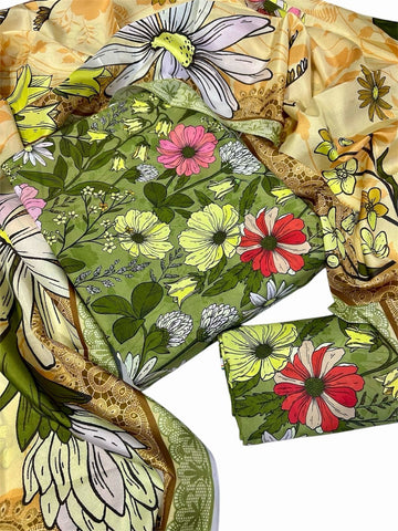 "2025 Swiss Digital Floral 3-Piece Lawn Suit with Silk Dupatta"