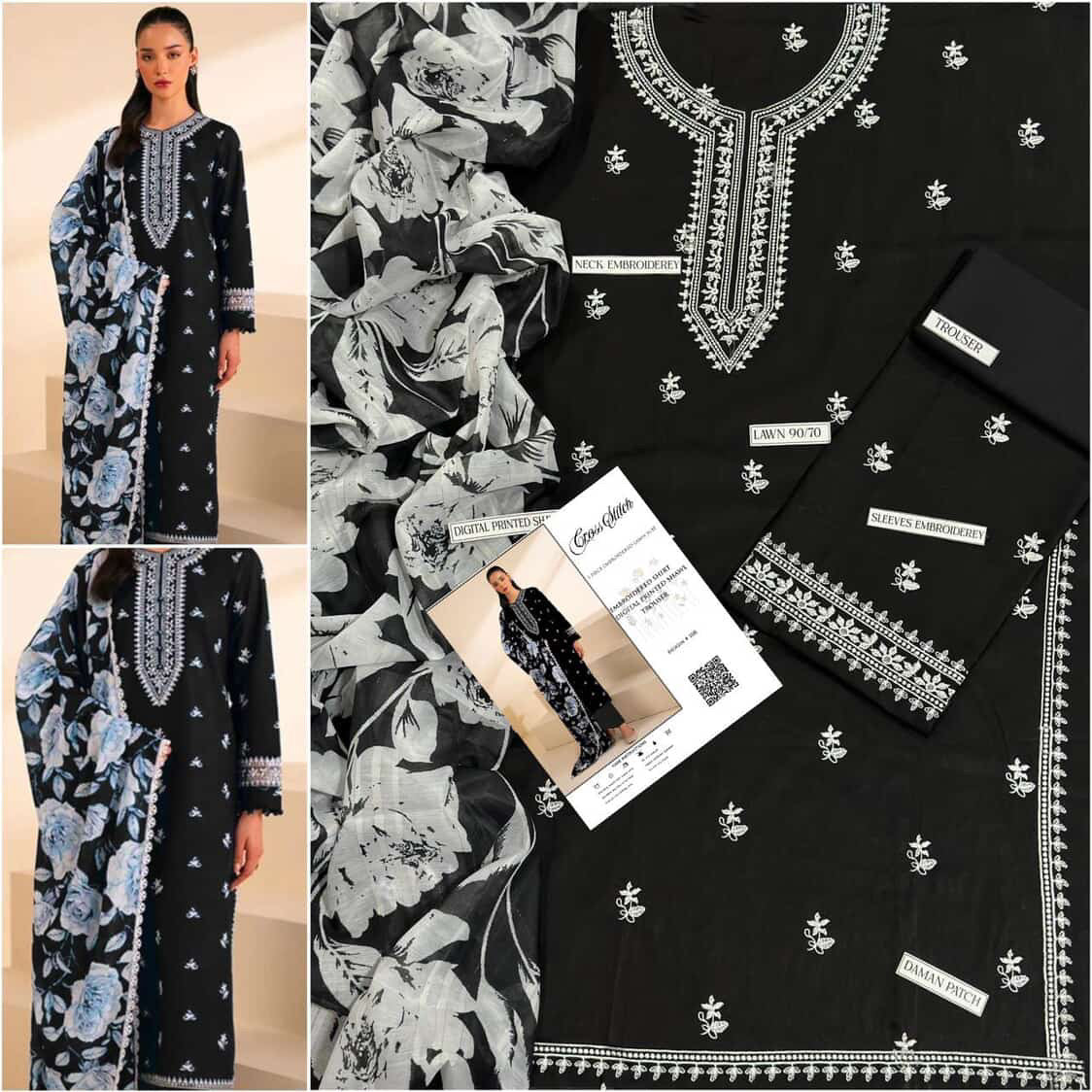 CROSS STICH 3PC Embroidered Front With Digital printed Shawl (UNSTICHED)