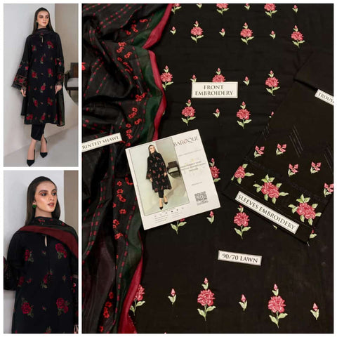 BAROQUE 3PC Embroidered Front With Digital printed Shawl (UNSTICHED)