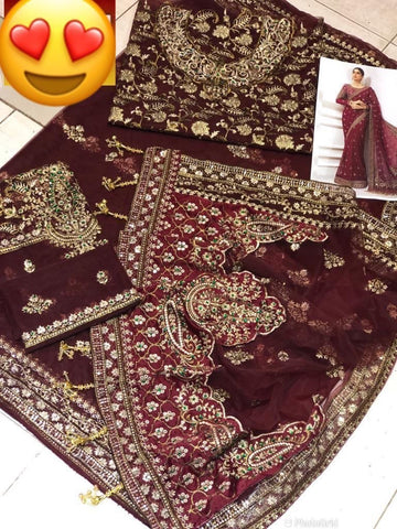 "Maria B 2024 Wedding Saree Collection: Master Copy with Elegant Heavy Embroidery and Stone Work"