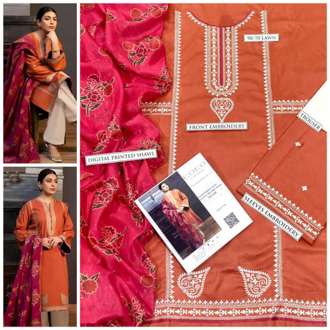 COCO 3PC Embroidered Front With Digital printed Shawl (UNSTICHED)