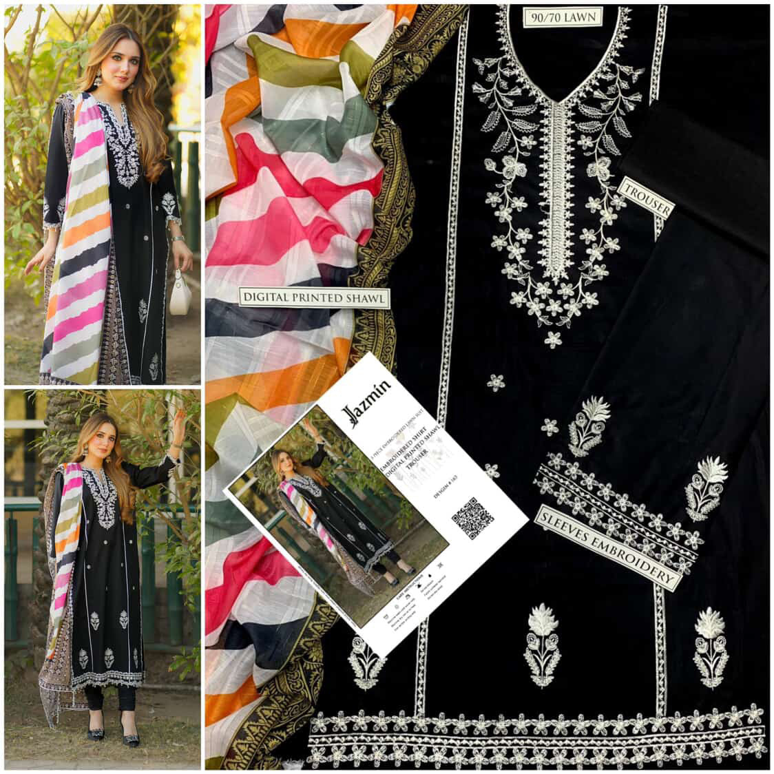 JAZMIN 3PC Embroidered Front With Digital printed Shawl (UNSTICHED)