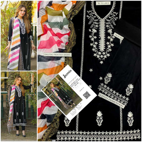 JAZMIN 3PC Embroidered Front With Digital printed Shawl (UNSTICHED)