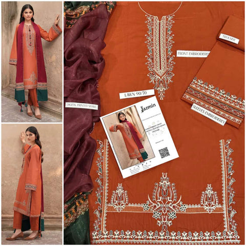 JAZMIN 3PC Embroidered Front With Digital printed Shawl (UNSTICHED)