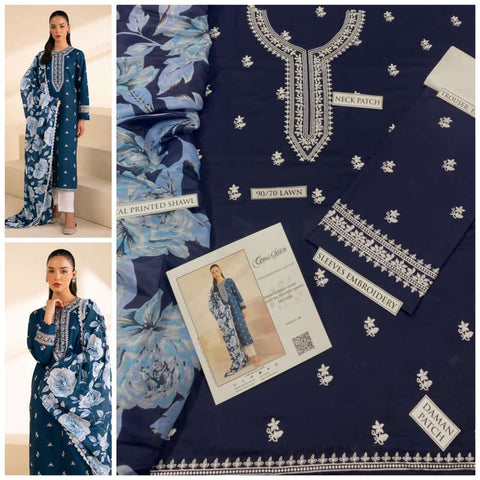 CROSS STICH 3PC Embroidered Front With Digital printed Shawl (UNSTICHED)