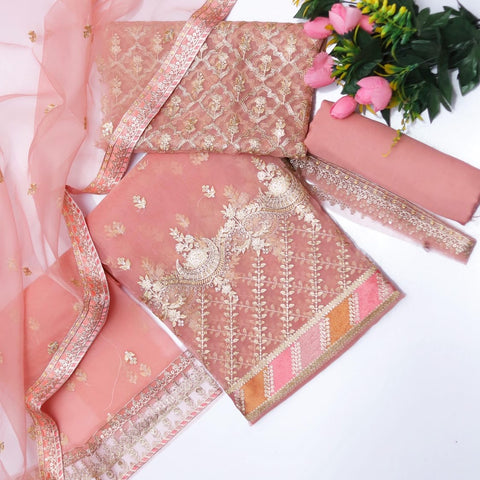 "Maria B Unstitched 3-Piece Suit – Product Code 273: Embroidered Sequins Organza Frock with Matching Sharara and Silk Trouser"