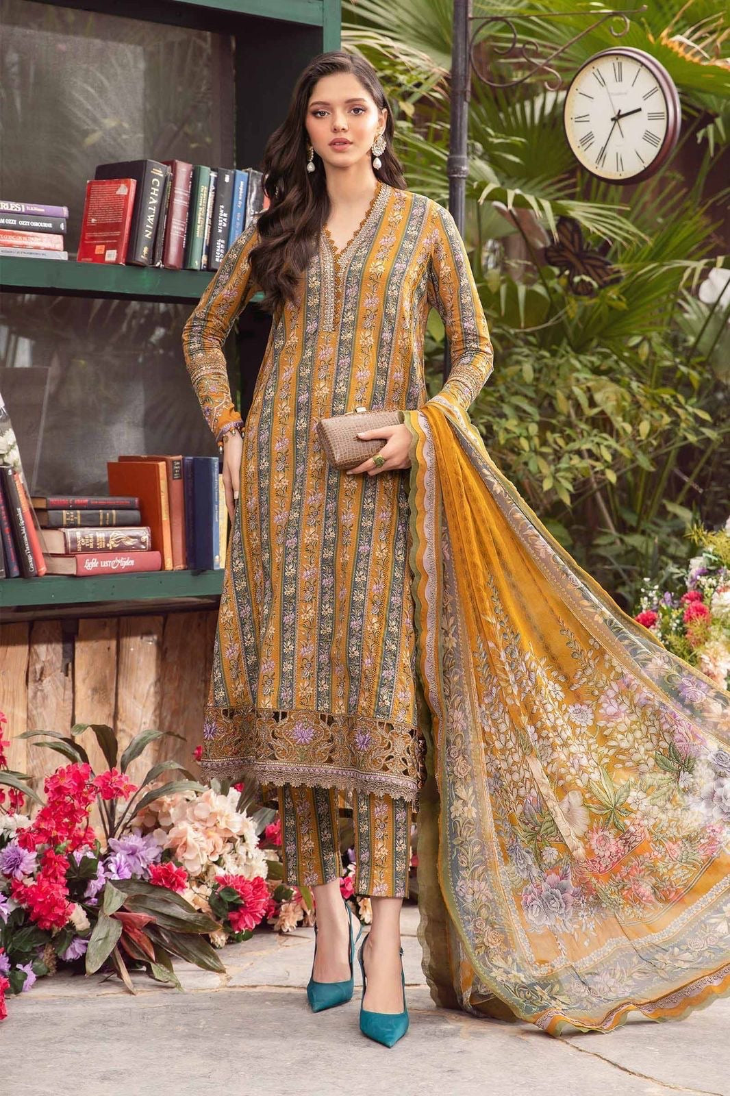 MARIAB 3PC Printed + Embroidered Front With Chiffon Printed Dupata