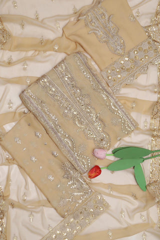 "Wedding and Party Wear Collection: Code 262 – Embroidered & Sequinned Chiffon Suit with Organza Accents and Raw Silk Trouser"