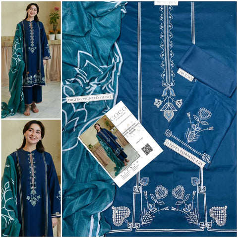 COCO 3PC Embroidered Front With Digital printed Shawl (UNSTICHED)