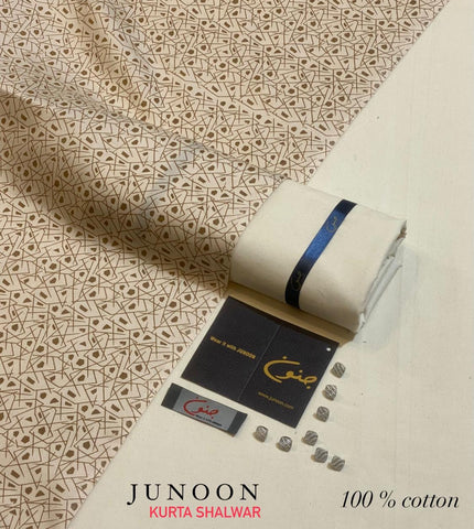 "Junoon Men's Eid '24: Cotton Kurta, Off-White Pima Shalwar. Elevate Your Style! 🌟"