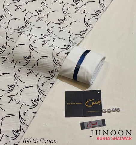 "Junoon Men's Eid '24: Cotton Kurta, Off-White Pima Shalwar. Elevate Your Style! 🌟"